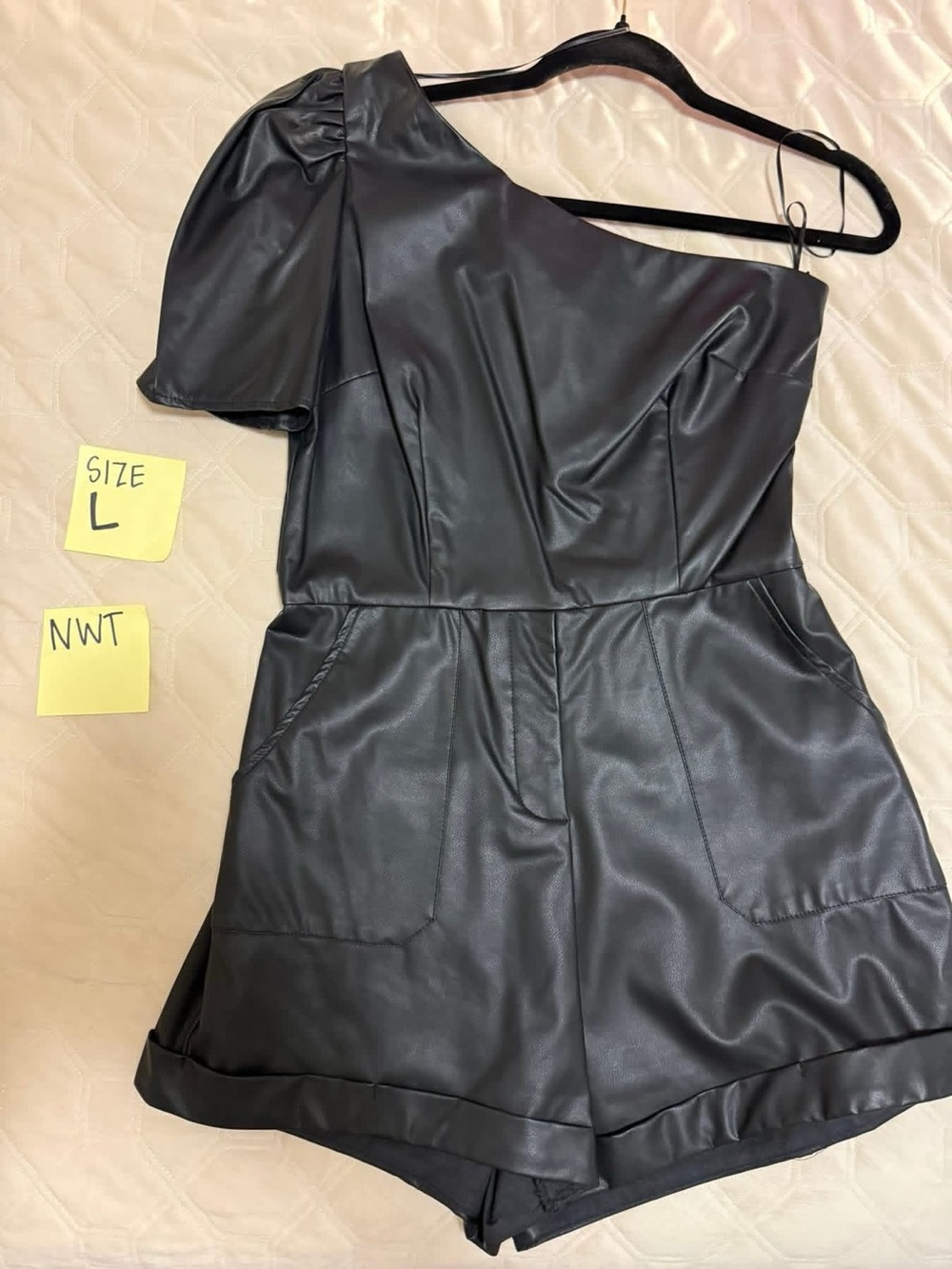 One-Shoulder Black Faux Leather Romper